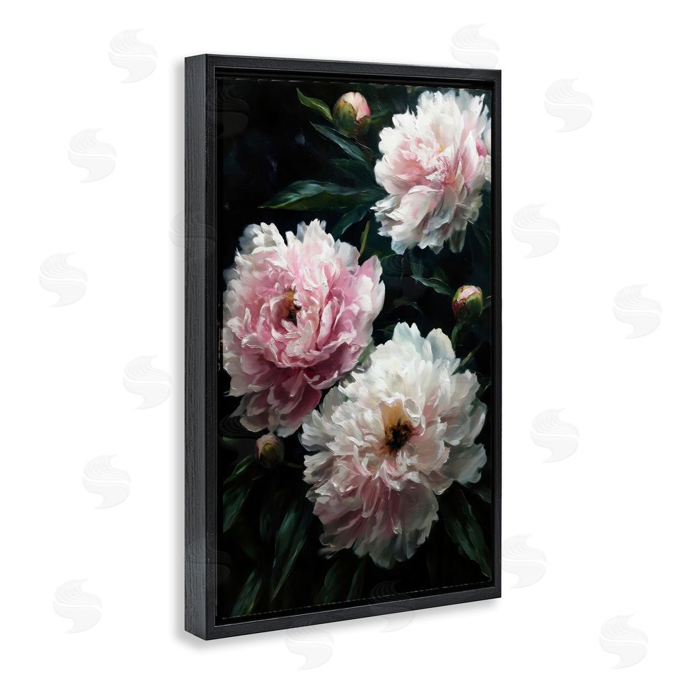 Petal Prints Design Soft Pink Peony Garden Black Floating Framed Canvas Wall Art Print