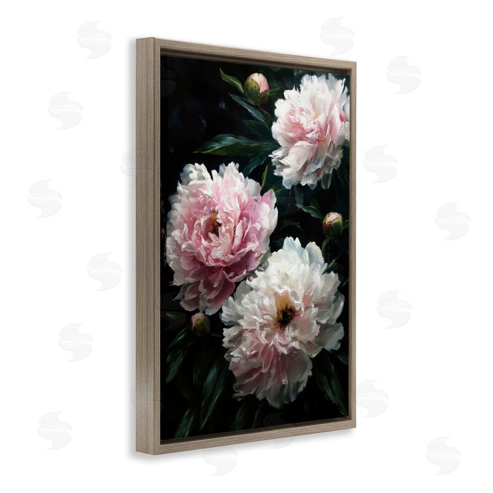 Petal Prints Design Soft Pink Peony Garden Brown Floating Framed Canvas Wall Art Print