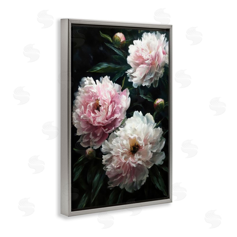 Petal Prints Design Soft Pink Peony Garden Gray Floating Framed Canvas Wall Art Print