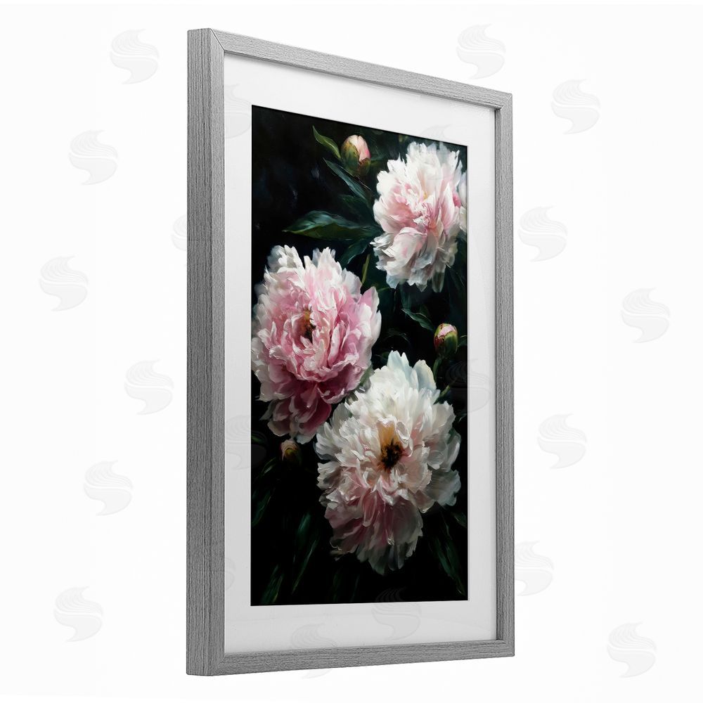 Petal Prints Design Soft Pink Peony Garden Gray Framed Print Under Glass with White Mat Wall Art