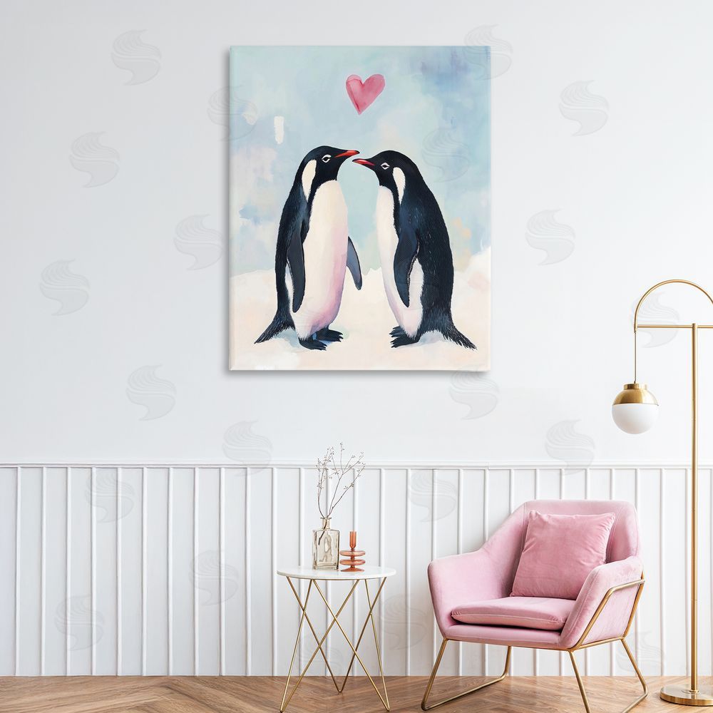 The Prints Vibe Penguin Love with Heart Stretched Canvas Wall Art in Room