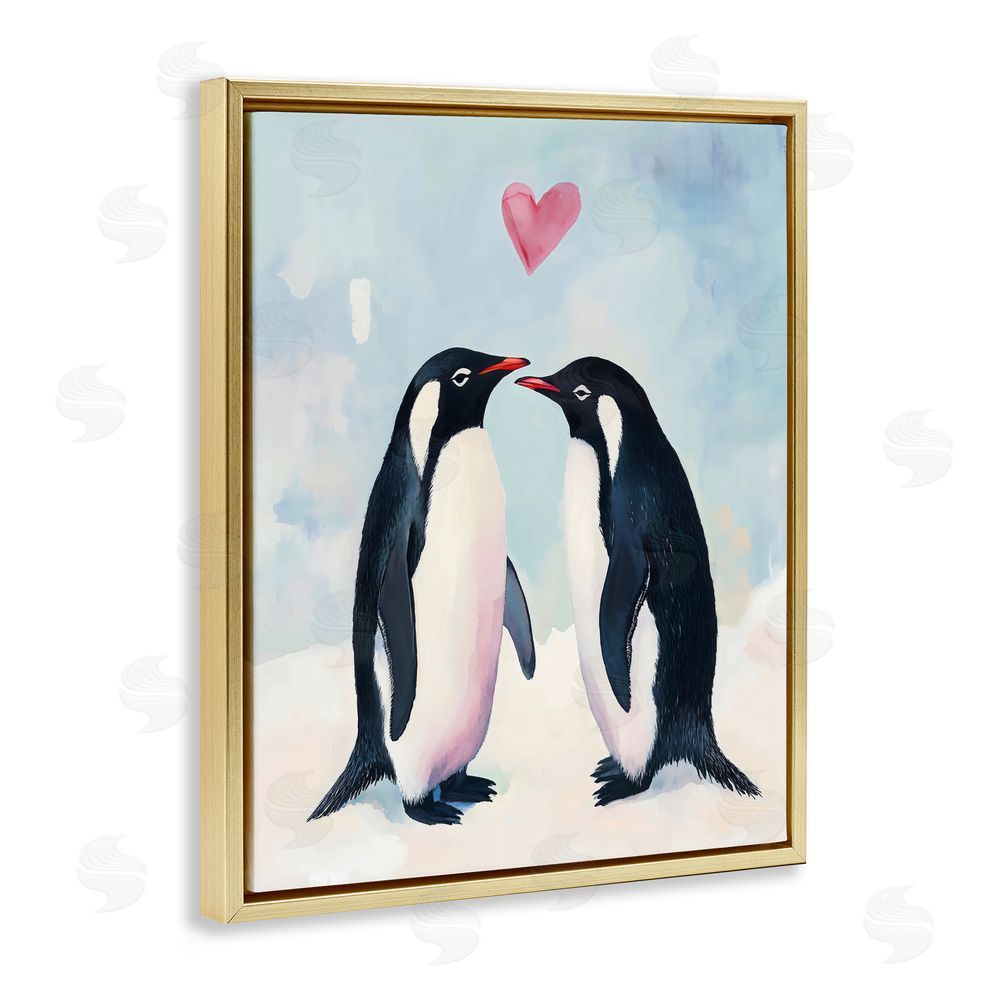 The Prints Vibe Penguin Love with Heart Gold Floating Framed Canvas Wall Art