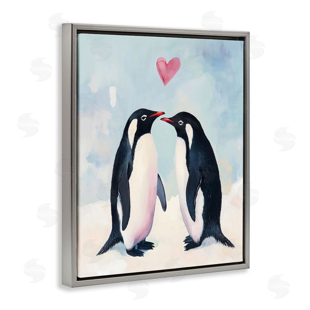 The Prints Vibe Penguin Love with Heart Gray Floating Framed Canvas Wall Art