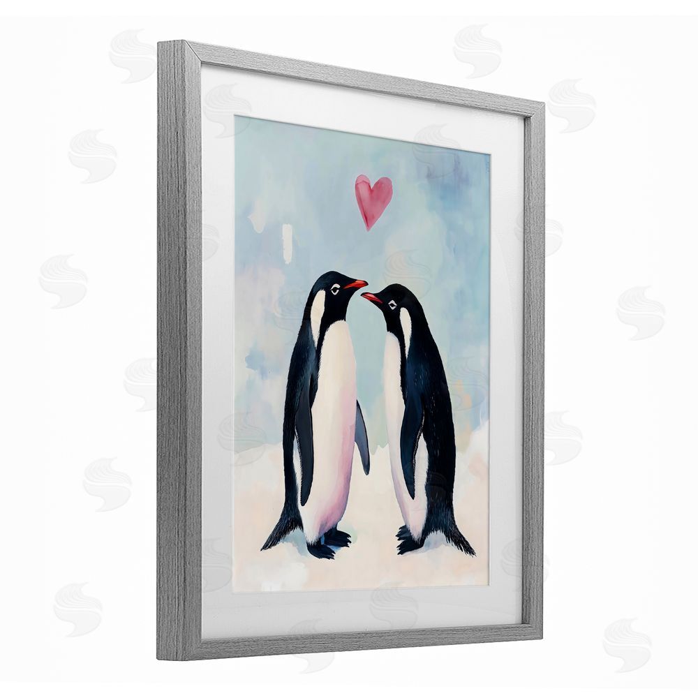 The Prints Vibe Penguin Love with Heart Gray Framed Print Under Glass Wall Art