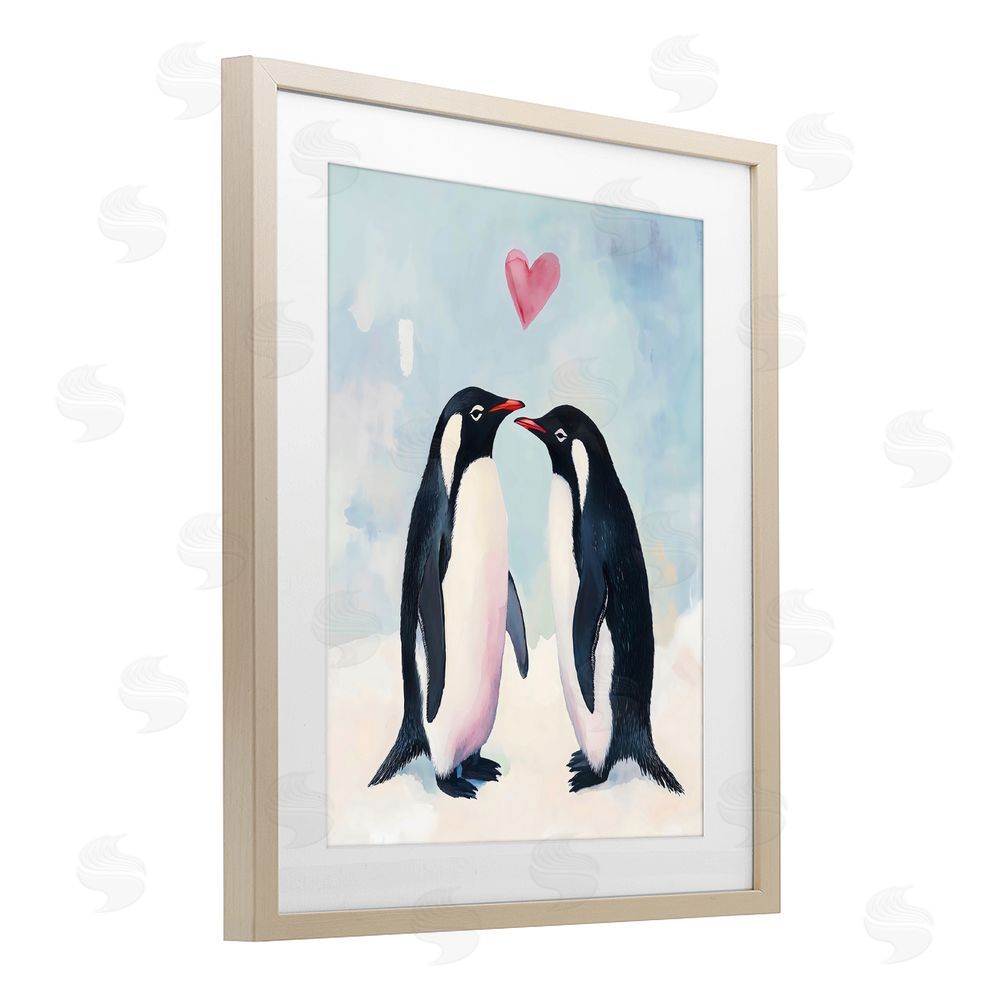 The Prints Vibe Penguin Love with Heart Brown Framed Print Under Glass Wall Art