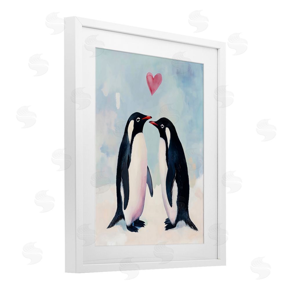 The Prints Vibe Penguin Love with Heart White Framed Print Under Glass Wall Art