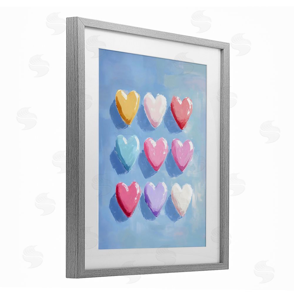 The Prints Vibe Pastel Heart Grid Gray Framed Print Under Glass Wall Art