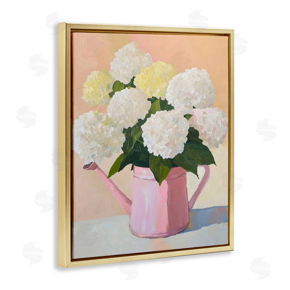 The Prints Vibe Hydrangeas in Watering Can Gold Floating Framed Canvas Wall Art