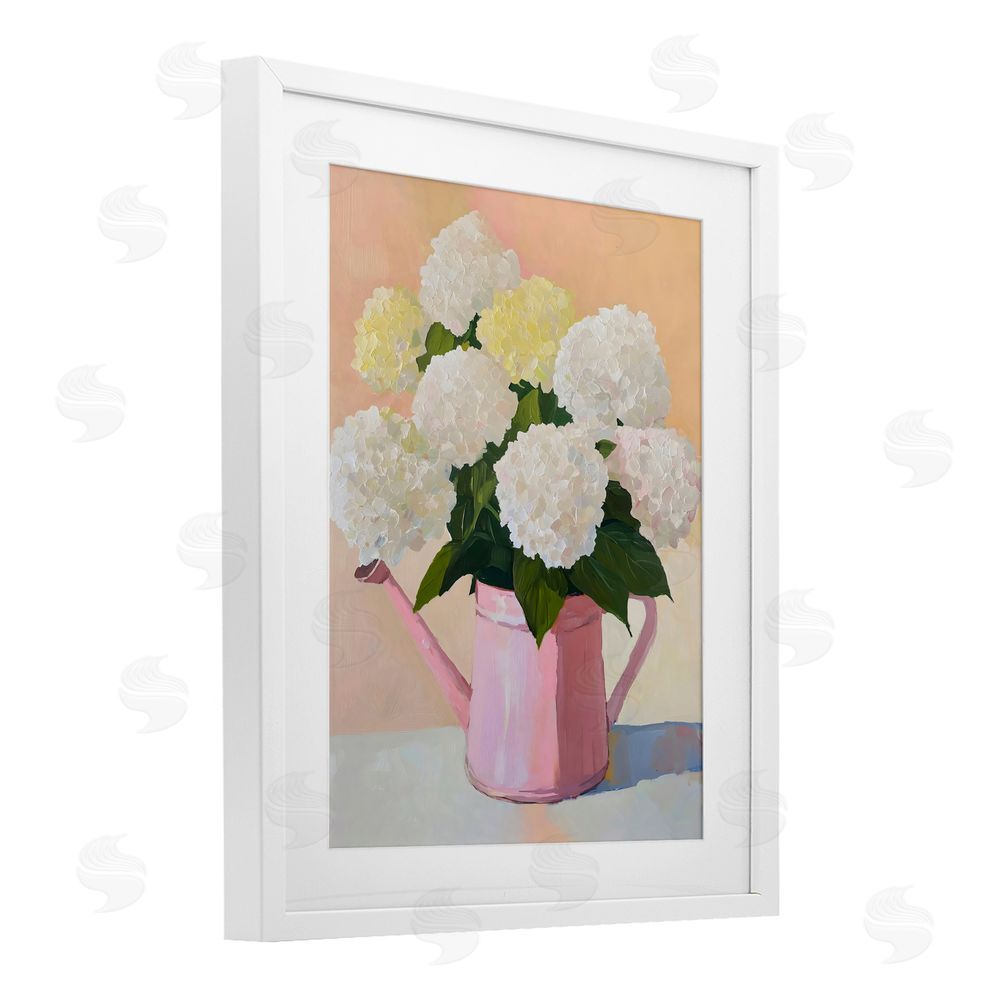The Prints Vibe Hydrangeas in Watering Can White Framed Print Under Glass Wall Art