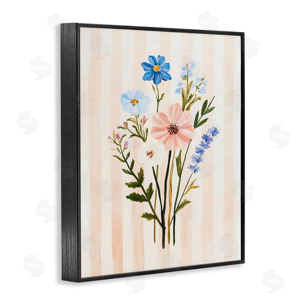 The Prints Vibe Cream Stripe Florals Black Framed Giclee Wall Art Print
