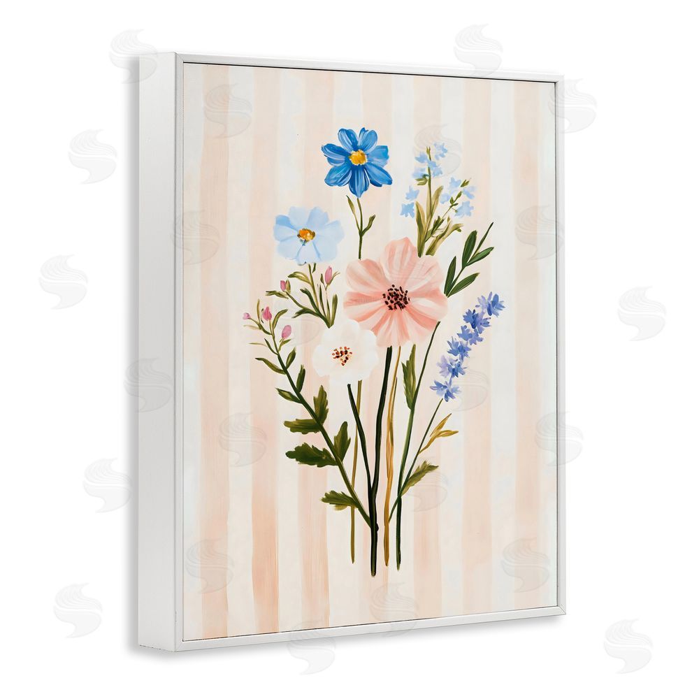 The Prints Vibe Cream Stripe Florals White Framed Giclee Wall Art Print