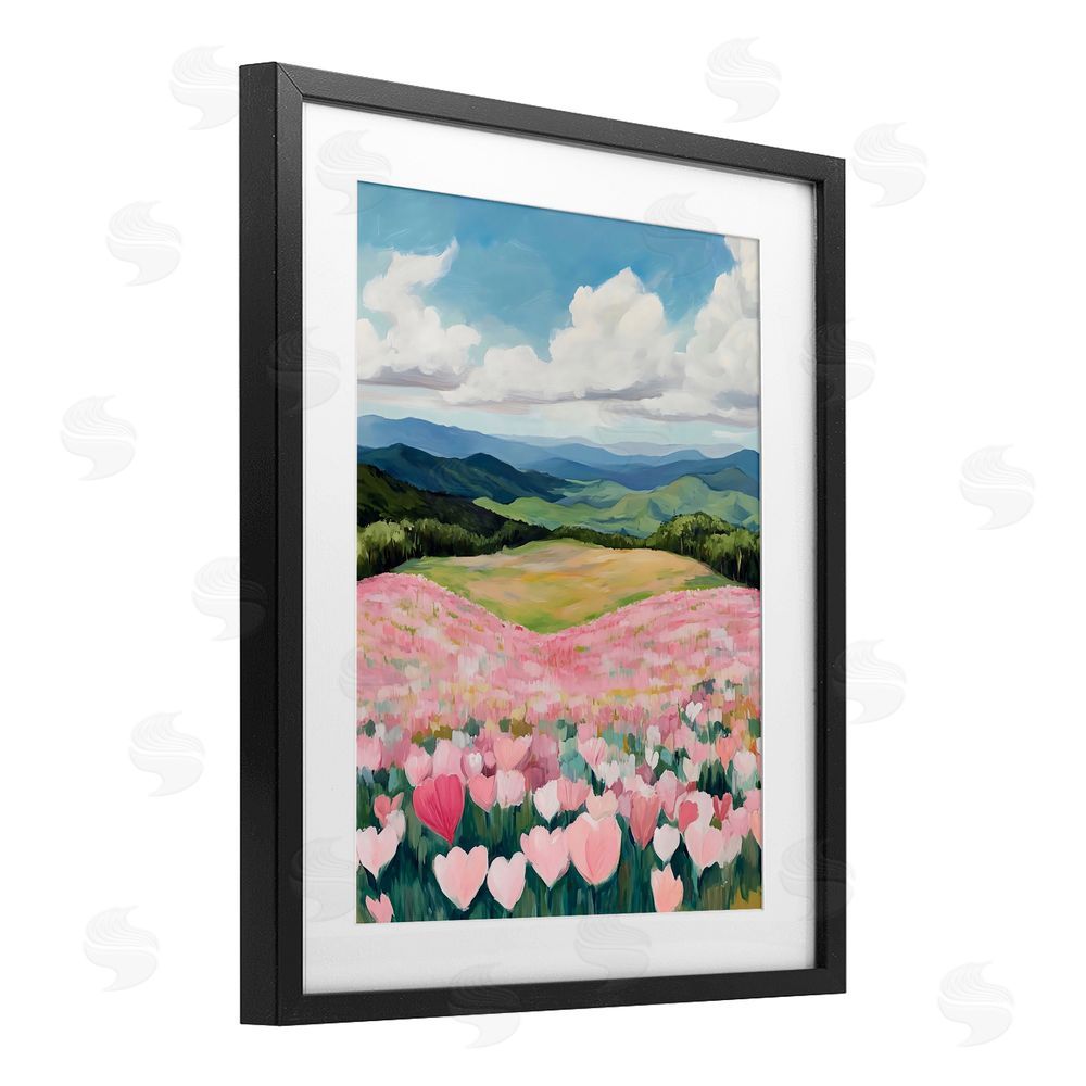 The Prints Vibe Blush Pink Poppy Field Black Framed Print Under Glass with Matting Wall Art