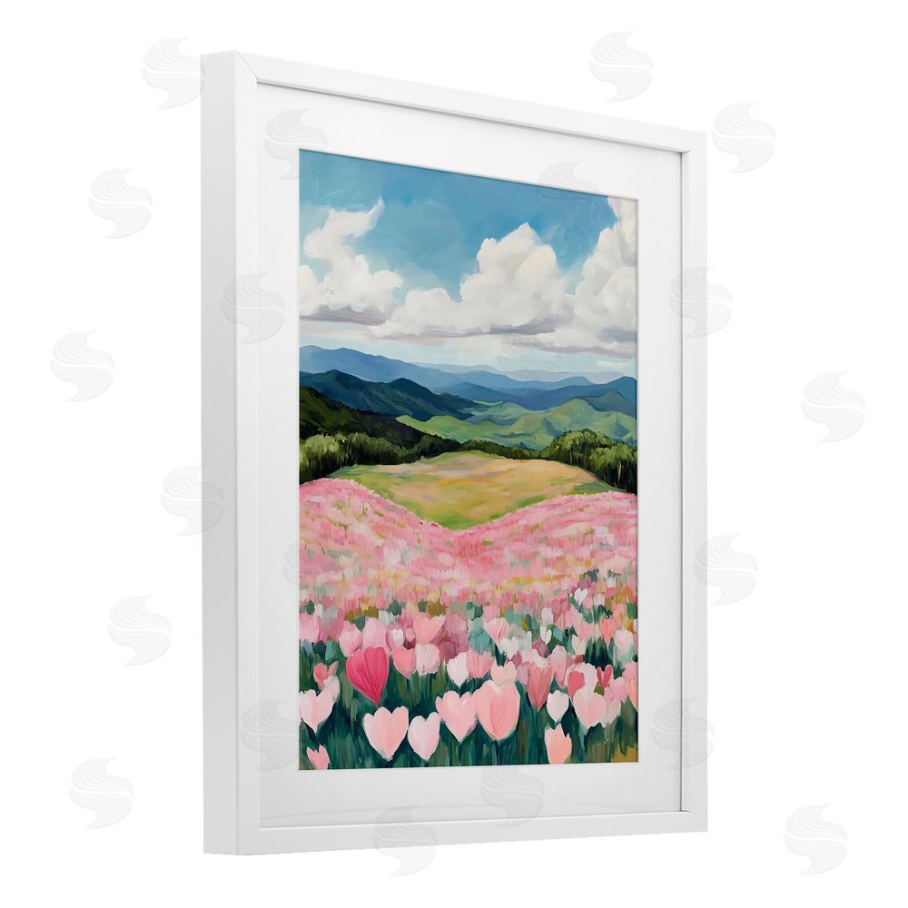 The Prints Vibe Blush Pink Poppy Field White Framed Print Under Glass with Matting Wall Art