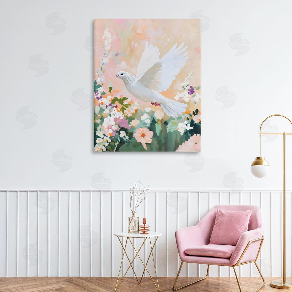 The Prints Vibe White Dove Among Spring Blooms Stretched Canvas on Wall