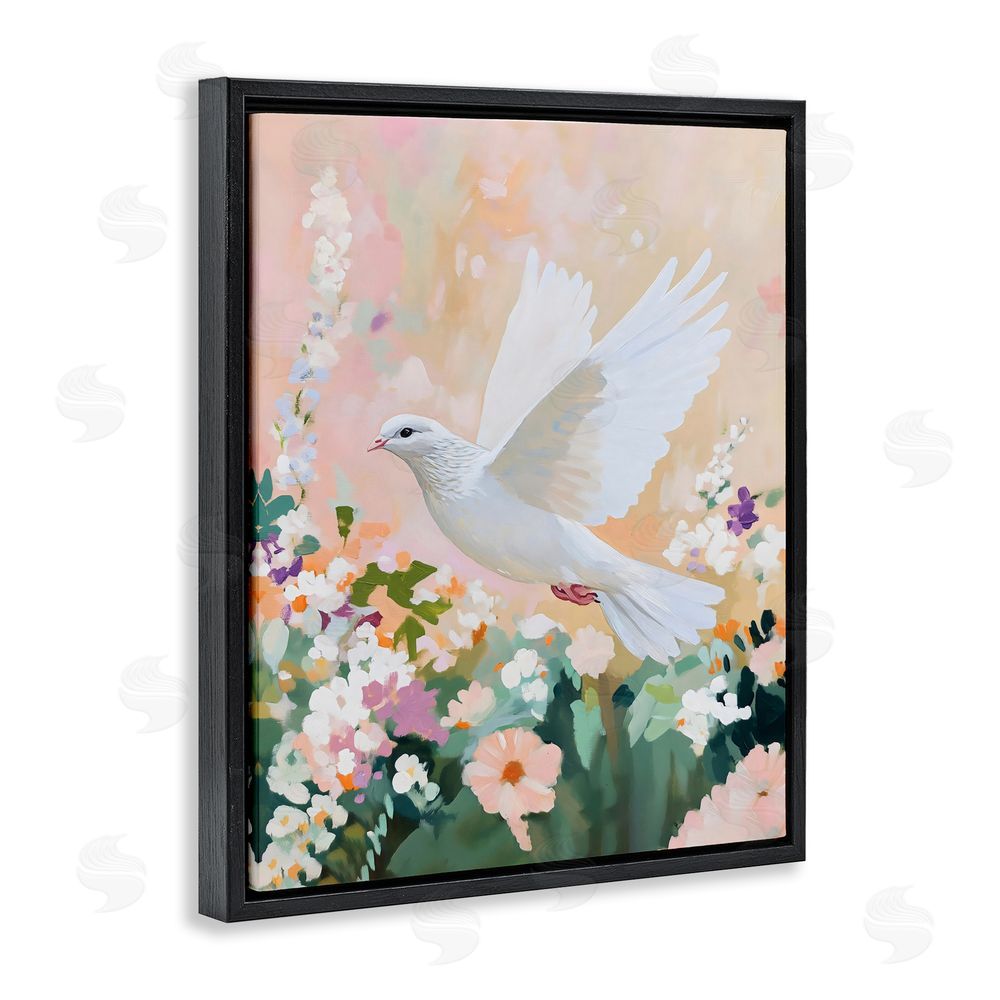 The Prints Vibe White Dove Among Spring Blooms Black Floating Framed Canvas Wall Art Print