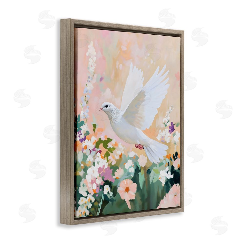 The Prints Vibe White Dove Among Spring Blooms Brown Floating Framed Canvas Wall Art Print