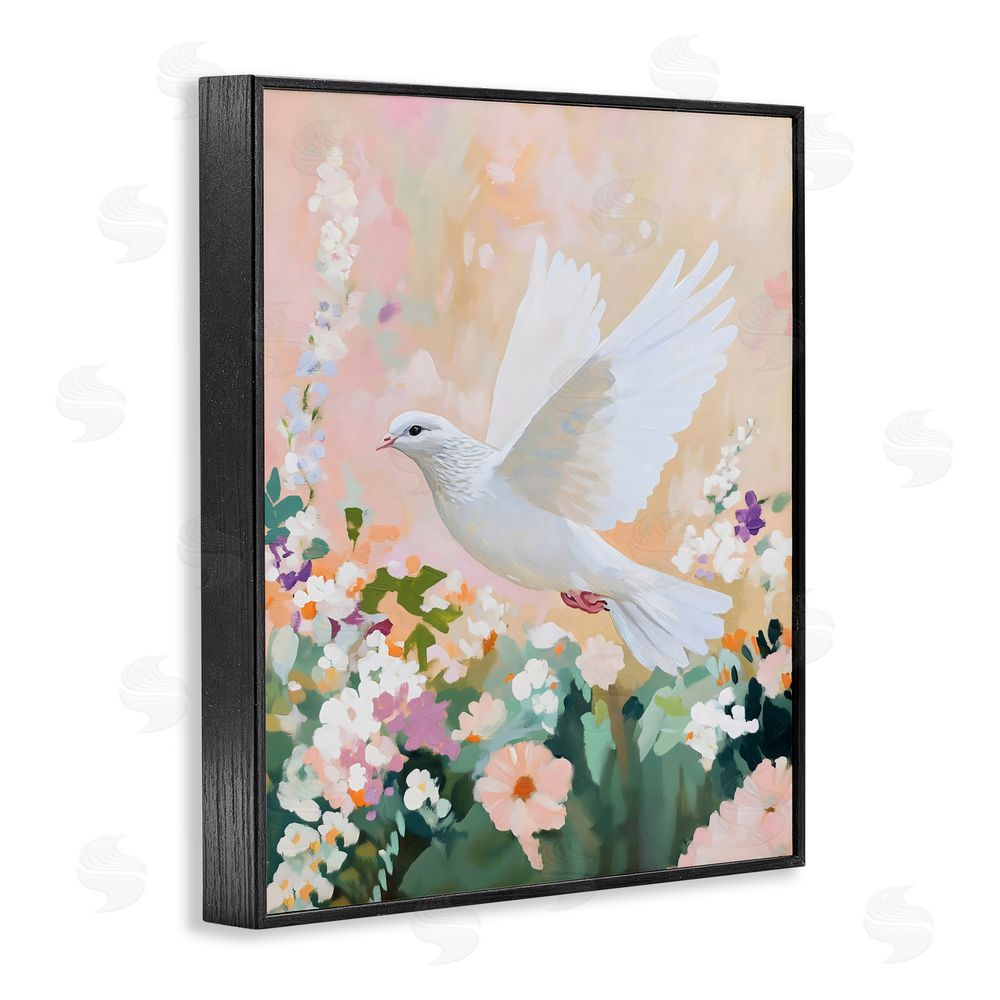 The Prints Vibe White Dove Among Spring Blooms Black Framed Giclee Wall Art Print