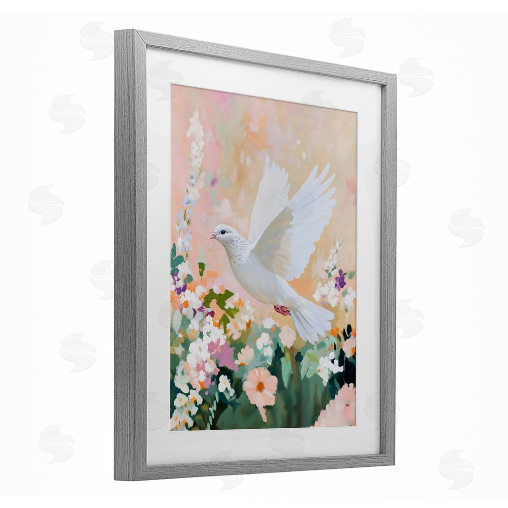 The Prints Vibe White Dove Among Spring Blooms Gray Framed Print Under Glass with White Mat Wall Art