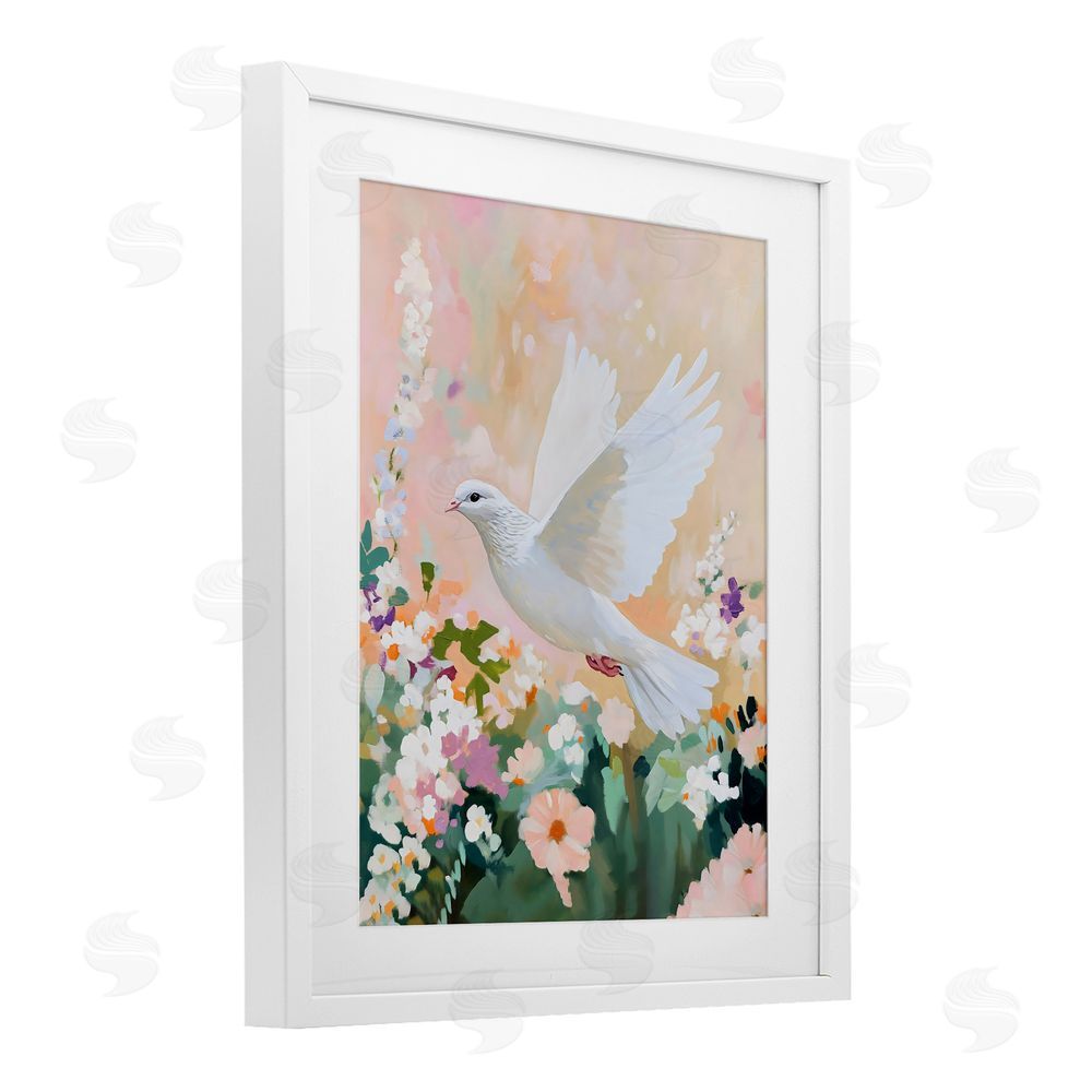The Prints Vibe White Dove Among Spring Blooms White Framed Print Under Glass with White Mat Wall Art
