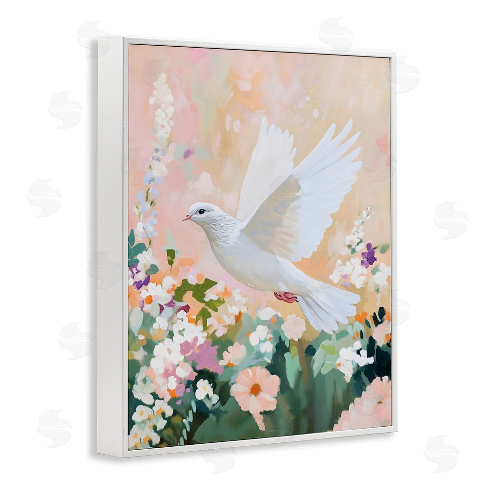 The Prints Vibe White Dove Among Spring Blooms White Framed Giclee Wall Art Print