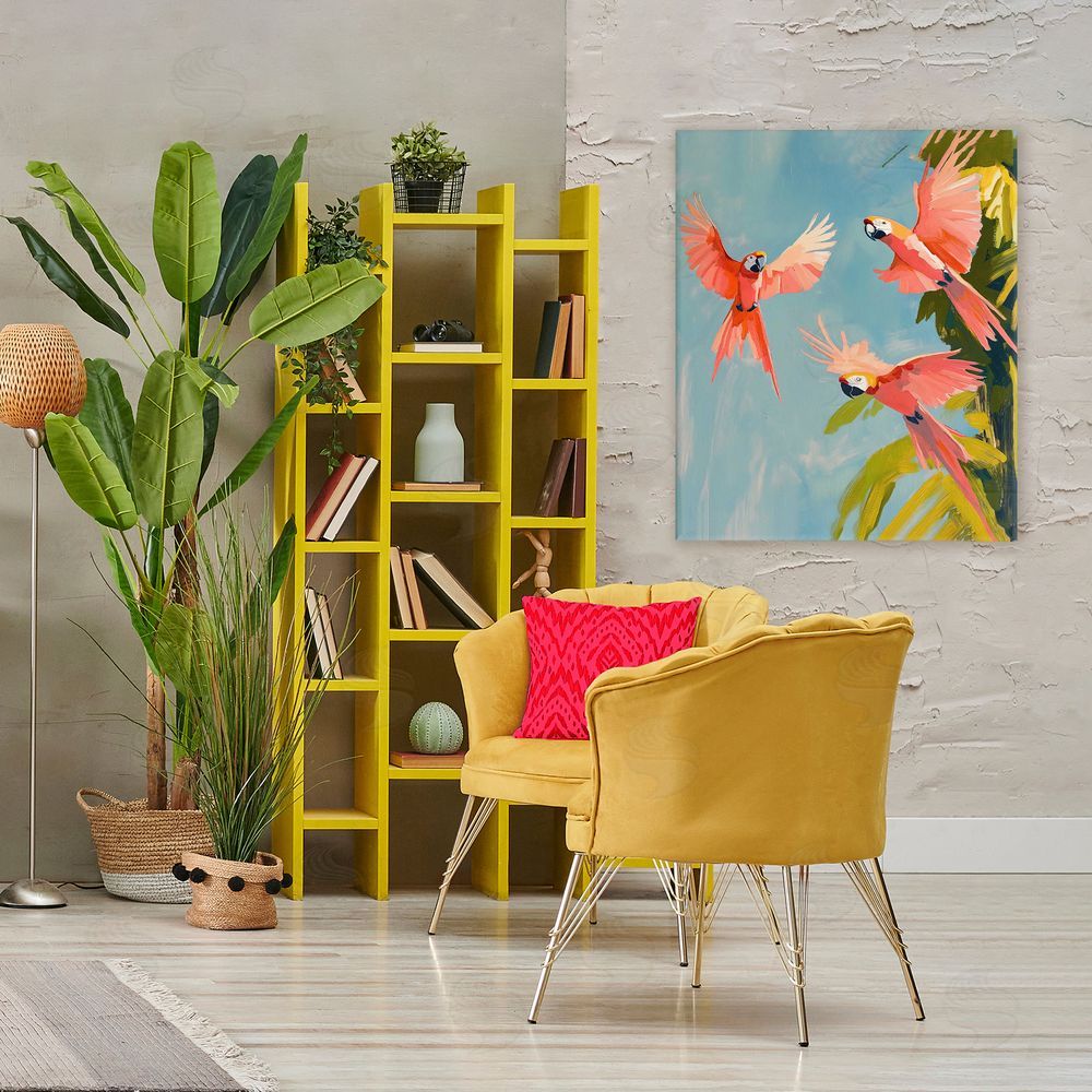 The Prints Vibe Botanical Parrots in Flight Stretched Canvas Wall Art Print in Room