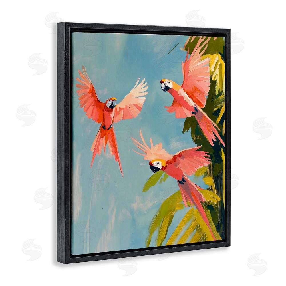The Prints Vibe Botanical Parrots in Flight Black Floating Frame Stretched Canvas Wall Art Print