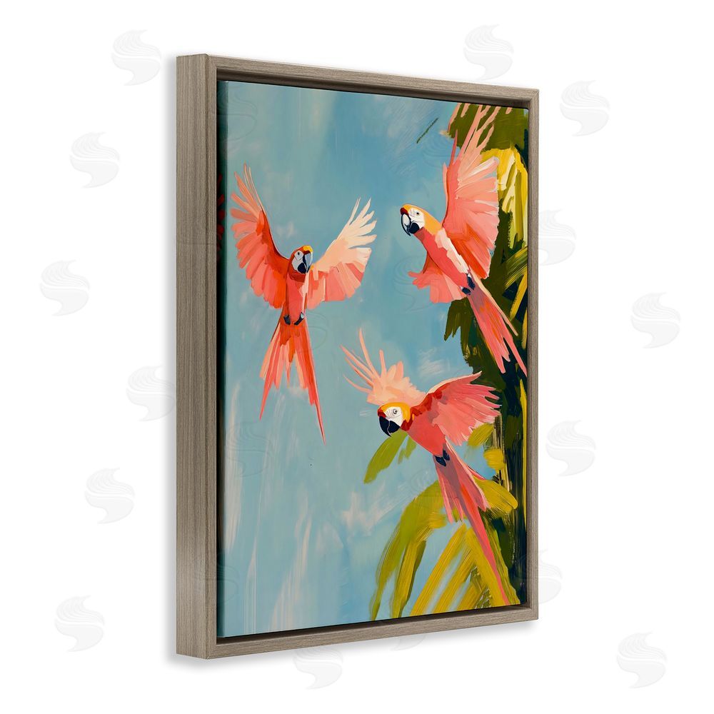 The Prints Vibe Botanical Parrots in Flight Brown Floating Frame Stretched Canvas Wall Art Print