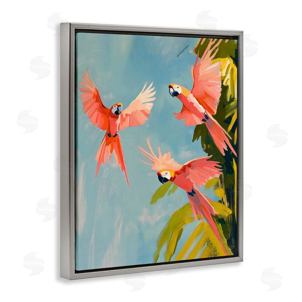 The Prints Vibe Botanical Parrots in Flight Gray Floating Frame Stretched Canvas Wall Art Print