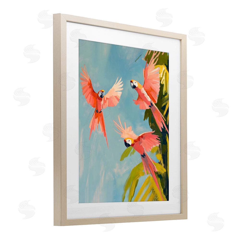 The Prints Vibe Botanical Parrots in Flight Brown Framed Print Under Glass with Matting Wall Art
