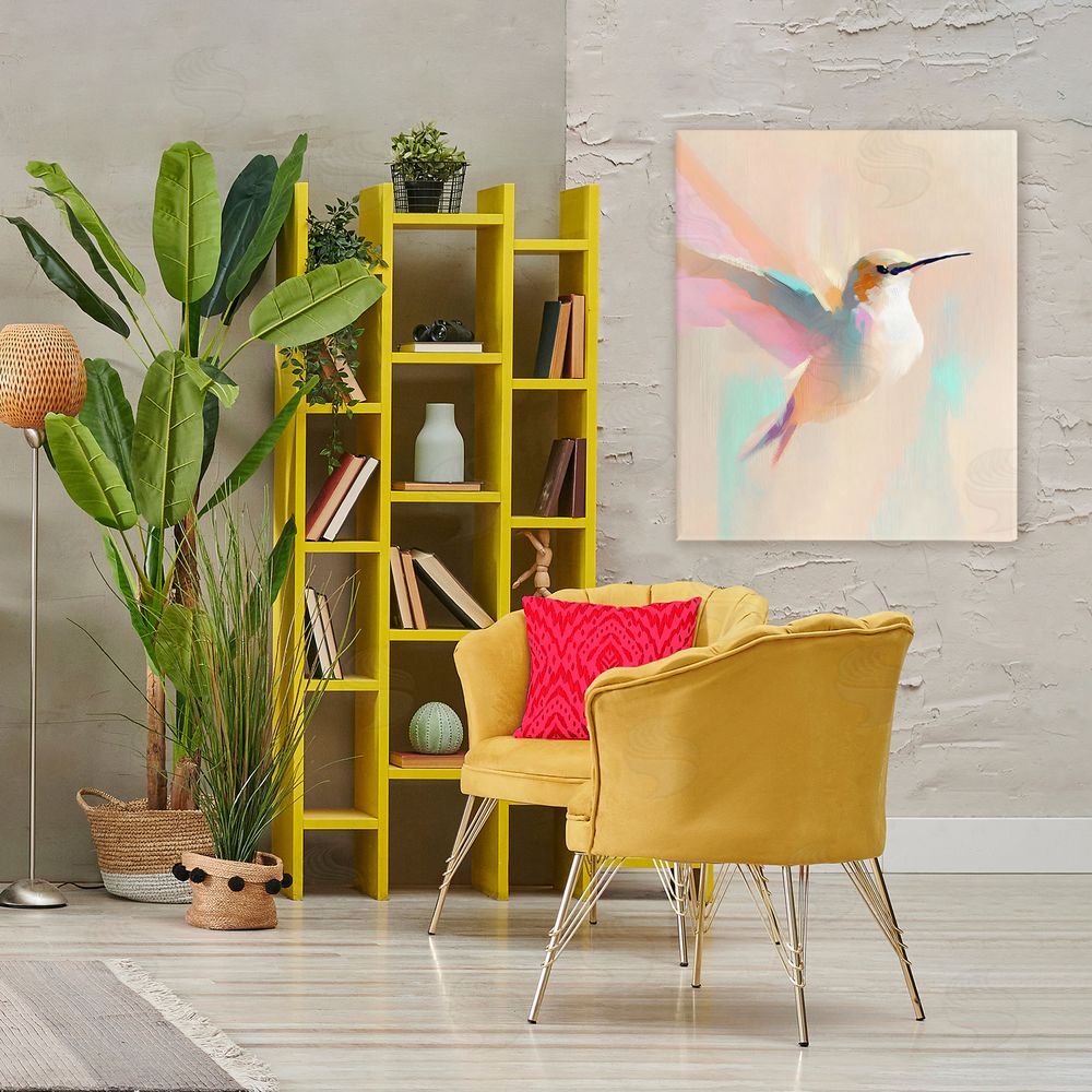The Prints Vibe Pastel Hummingbird in Flight Stretched Canvas Wall Art in Room