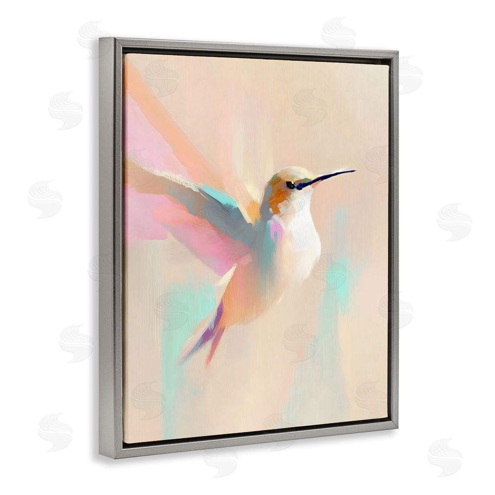 The Prints Vibe Pastel Hummingbird in Flight Gray Floating Framed Canvas Wall Art