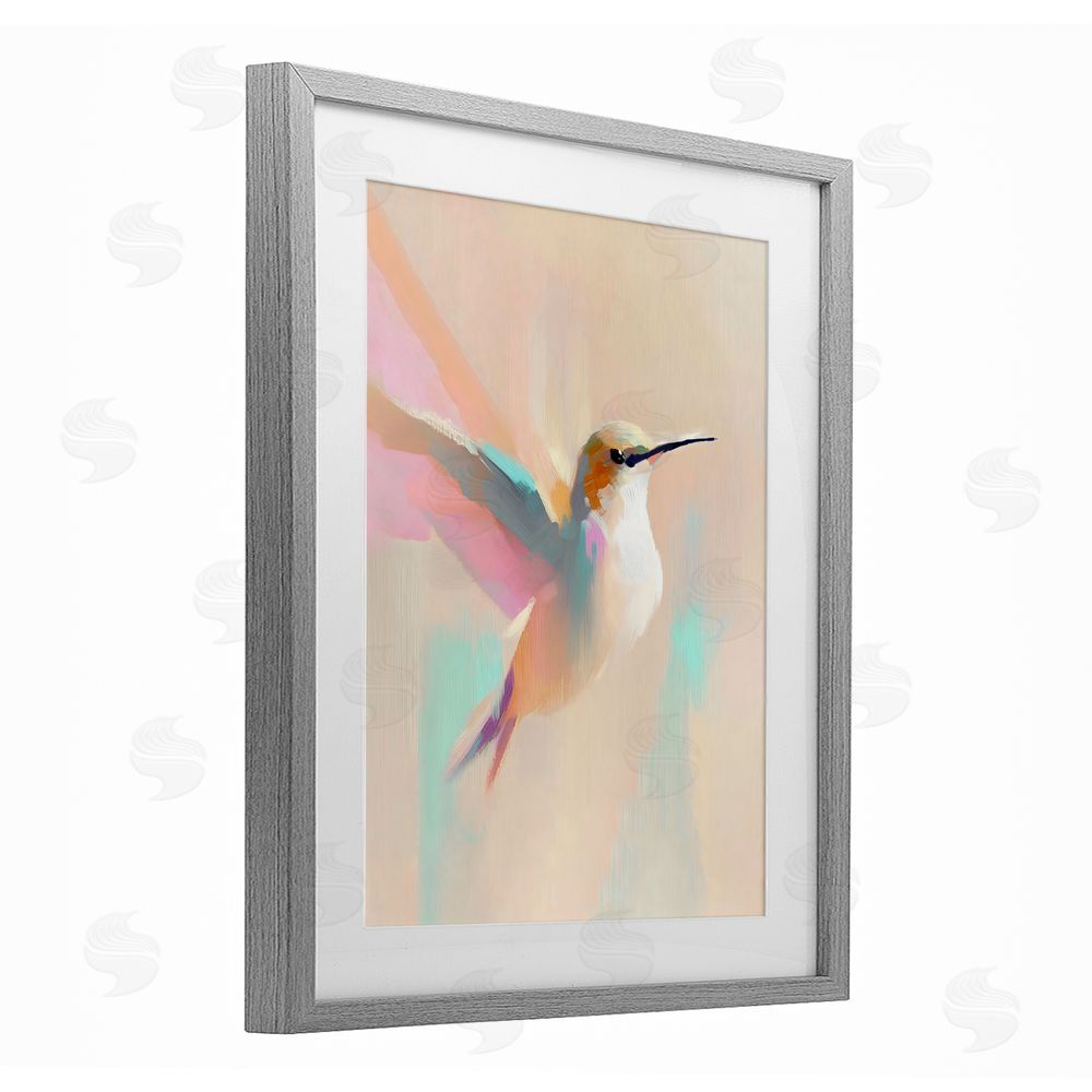 The Prints Vibe Pastel Hummingbird in Flight Gray Framed Print Under Glass Wall Art