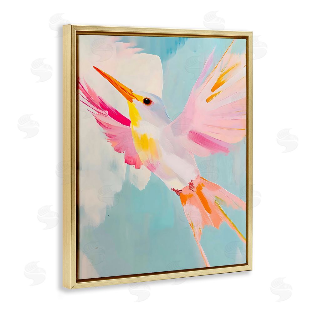 The Prints Vibe Pastel Hummingbird Soaring Gold Floating Framed Canvas Wall Art