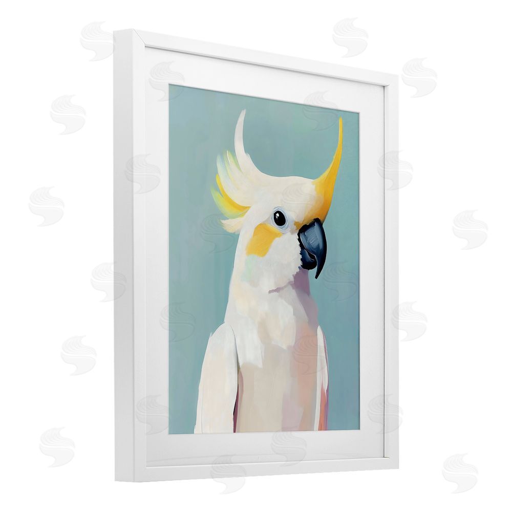 The Prints Vibe Yellow Crested Cockatoo White Framed Print Under Glass with White Mat Wall Art