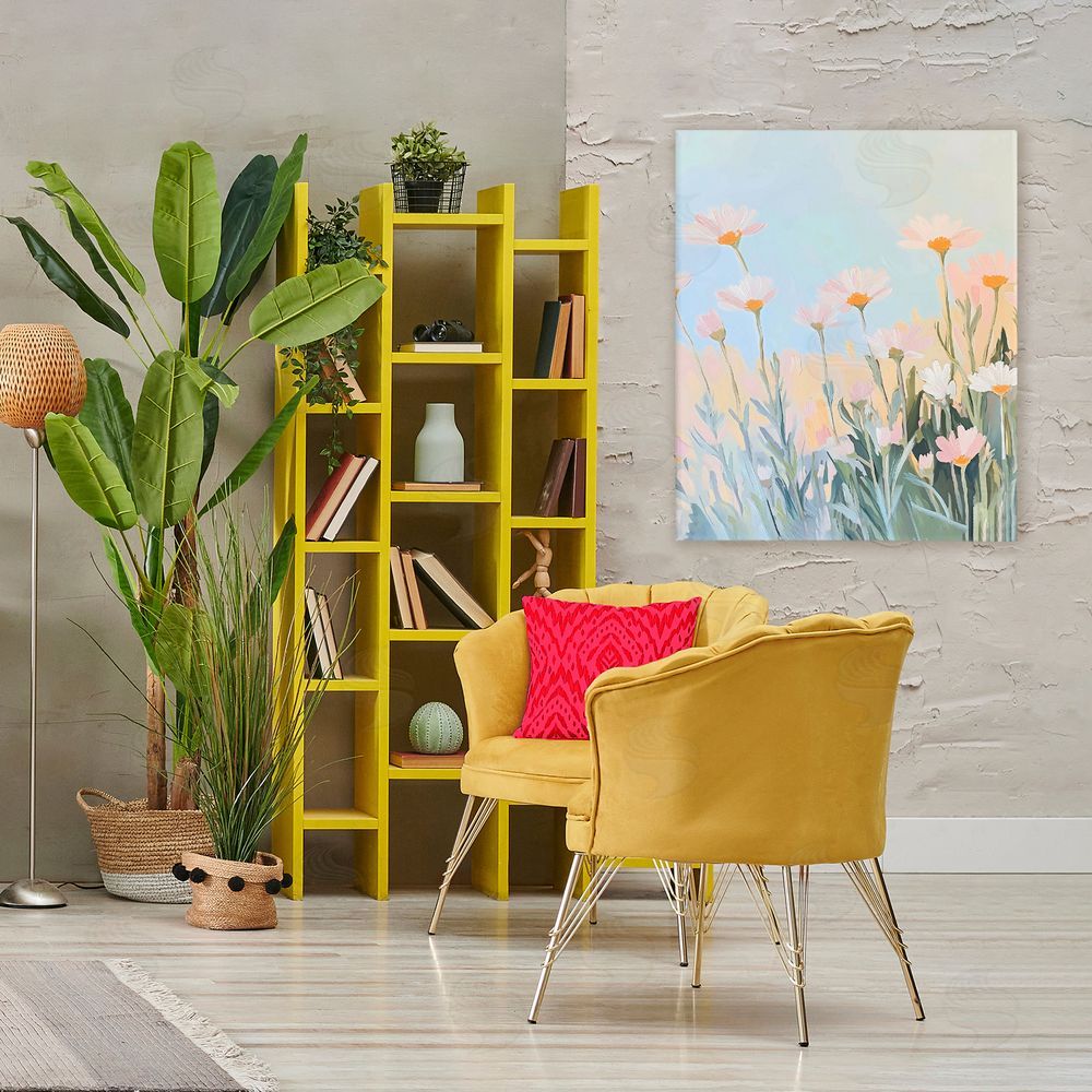 The Prints Vibe Pastel Meadow Daisies at Dawn Stretched Canvas Wall Art in Room