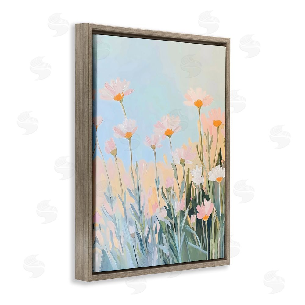 The Prints Vibe Pastel Meadow Daisies at Dawn Brown Floating Framed Canvas Wall Art