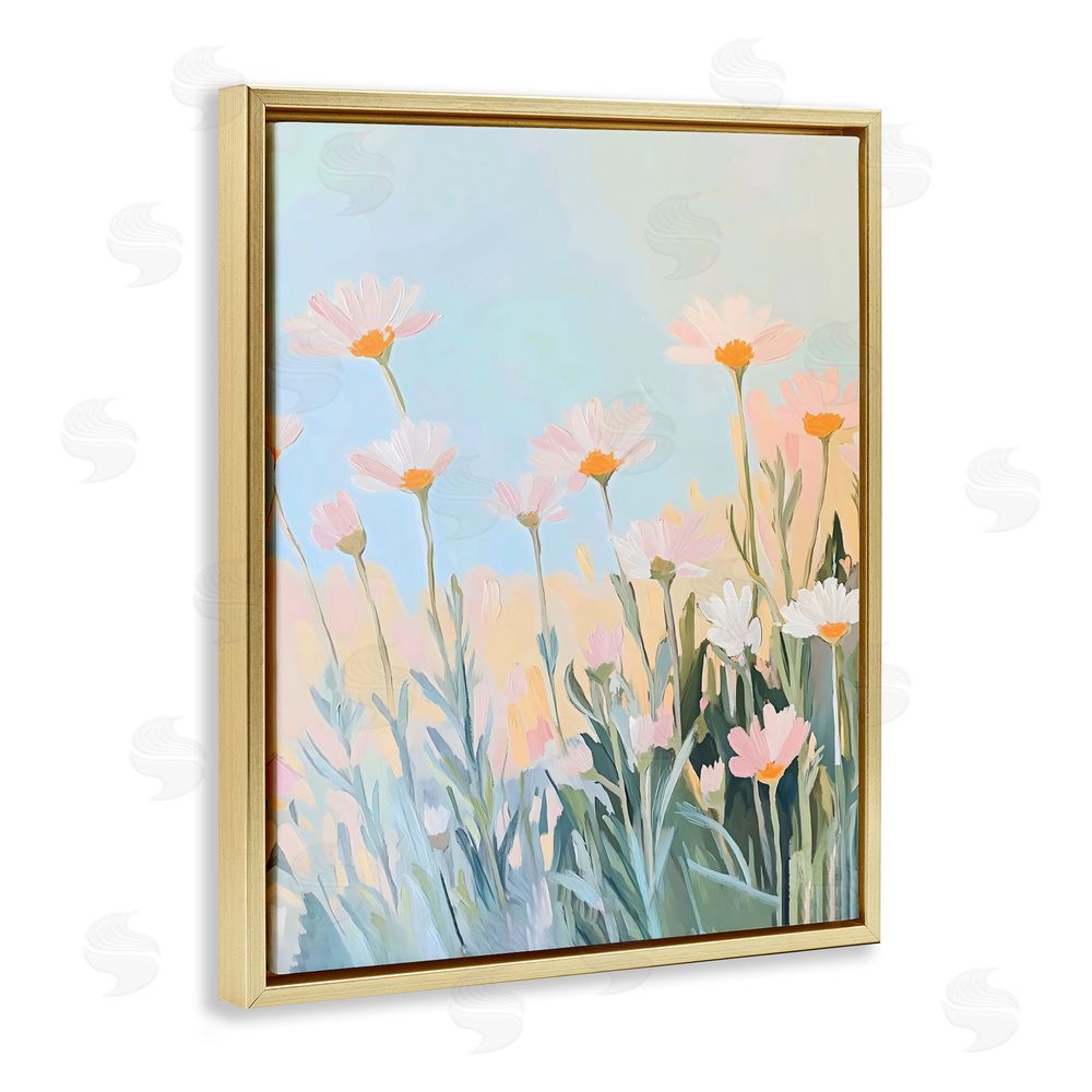 The Prints Vibe Pastel Meadow Daisies at Dawn Gold Floating Framed Canvas Wall Art