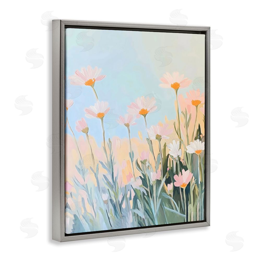 The Prints Vibe Pastel Meadow Daisies at Dawn Gray Floating Framed Canvas Wall Art