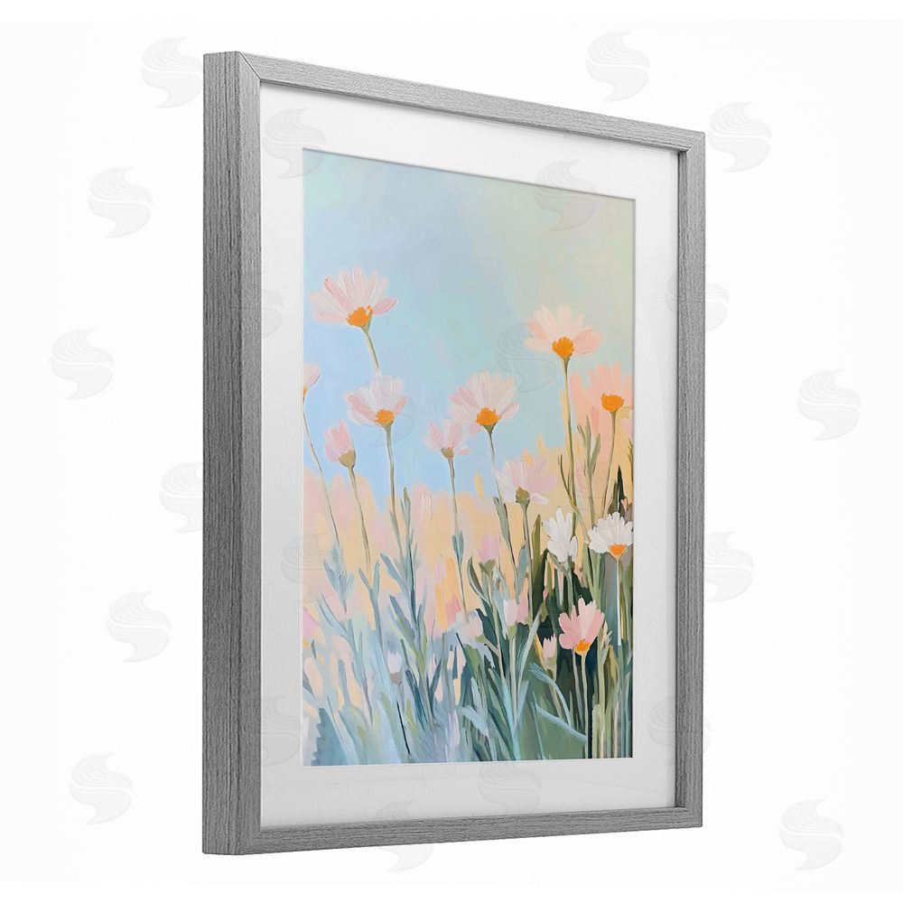 The Prints Vibe Pastel Meadow Daisies at Dawn Gray Framed Print Under Glass Wall Art