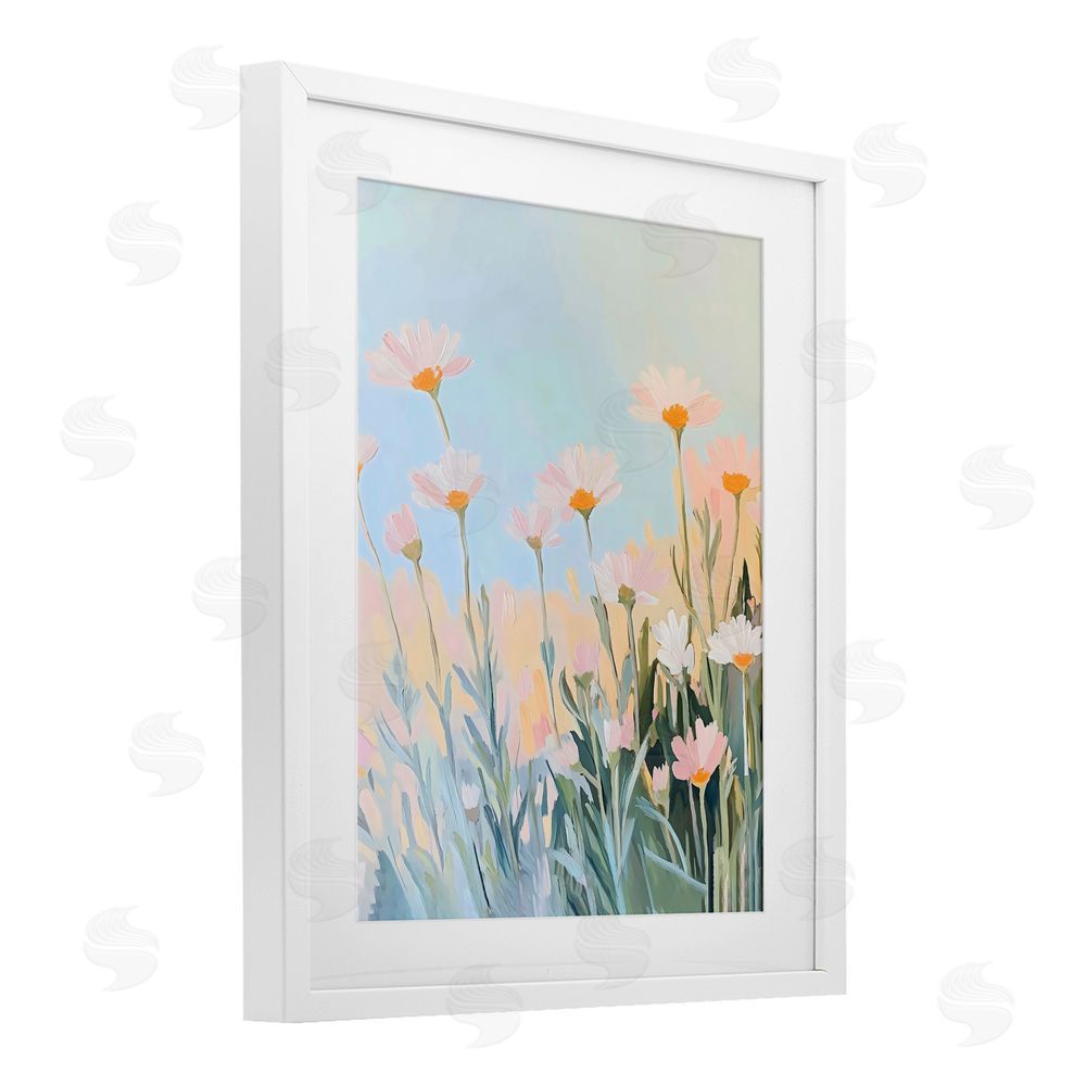 The Prints Vibe Pastel Meadow Daisies at Dawn White Framed Print Under Glass Wall Art