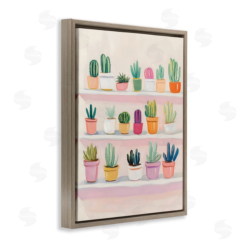The Prints Vibe Cactus Shelf Arrangement Brown Floating Frame Stretched Canvas Wall Art Print