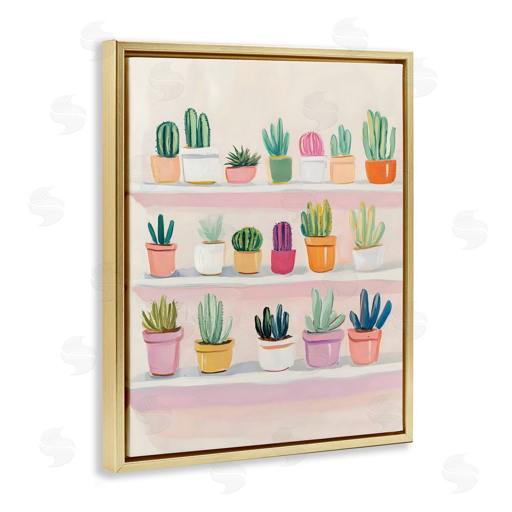 The Prints Vibe Cactus Shelf Arrangement Gold Floating Frame Stretched Canvas Wall Art Print