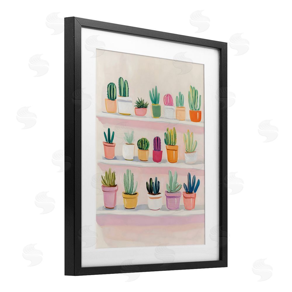The Prints Vibe Cactus Shelf Arrangement Black Framed Print Under Glass with Matting Wall Art