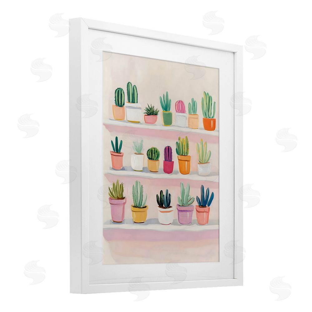 The Prints Vibe Cactus Shelf Arrangement White Framed Print Under Glass with Matting Wall Art