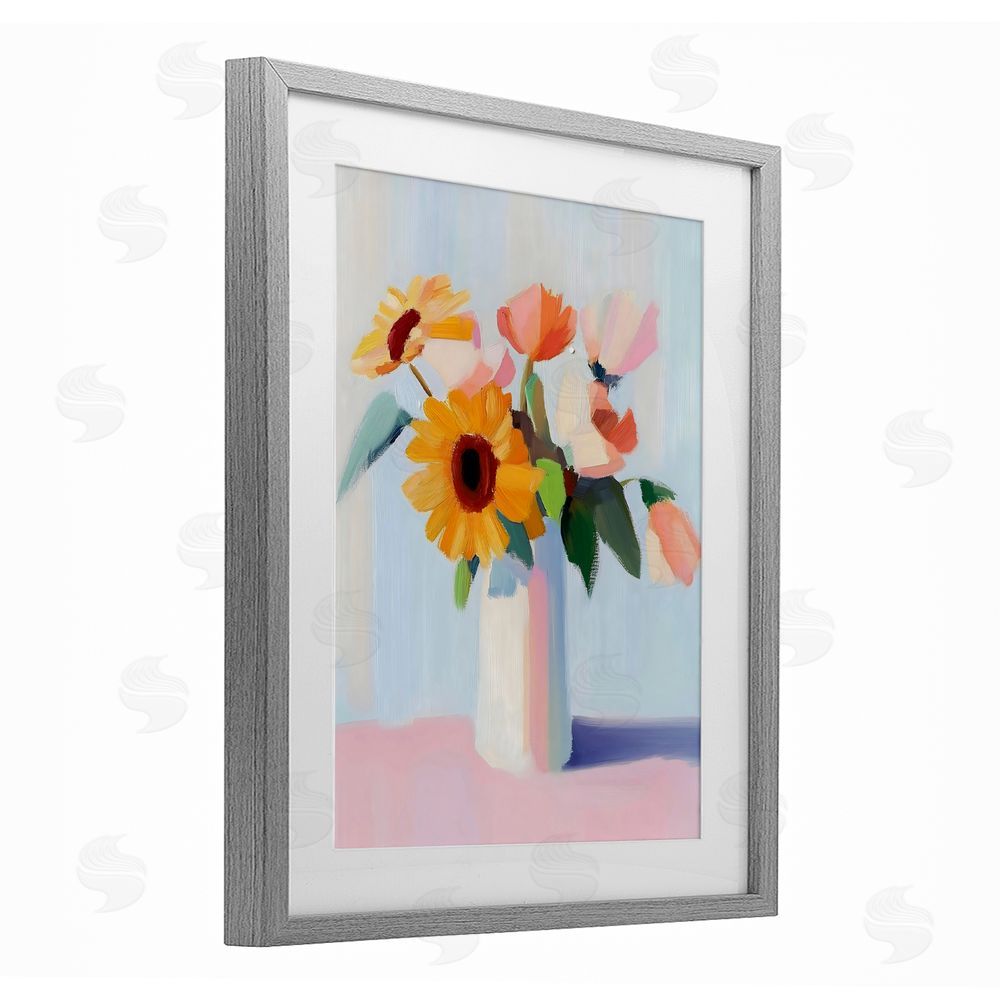 The Prints Vibe Sleek Vase Bouquet Gray Framed Print Under Glass with White Mat Wall Art