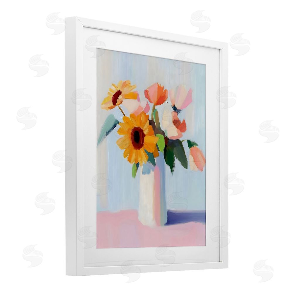 The Prints Vibe Sleek Vase Bouquet White Framed Print Under Glass with White Mat Wall Art