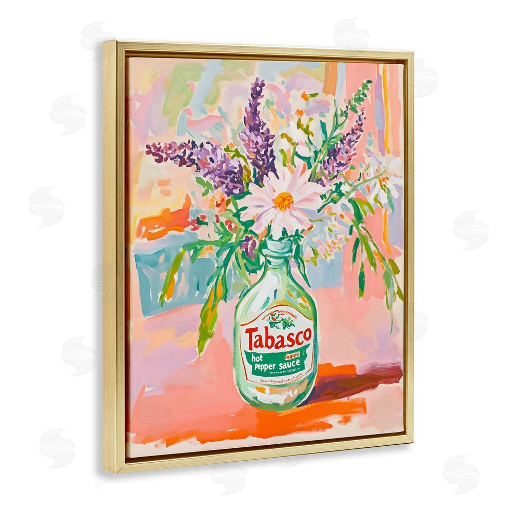 The Prints Vibe Hot Sauce Bottle Bouquet Gold Floating Framed Canvas Wall Art