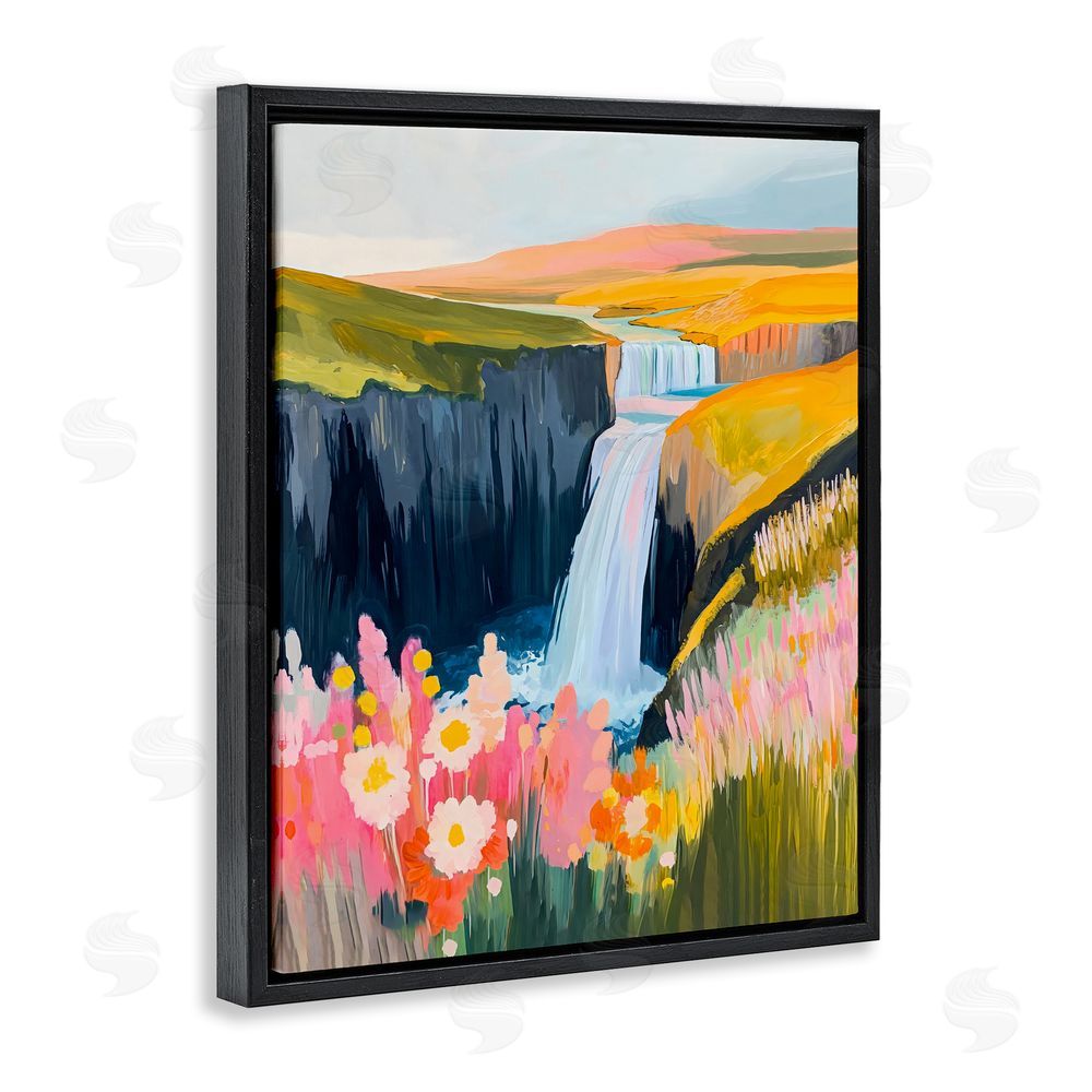 The Prints Vibe Colorful Waterfall in Valley Black Floating Frame Canvas Wall Art Print