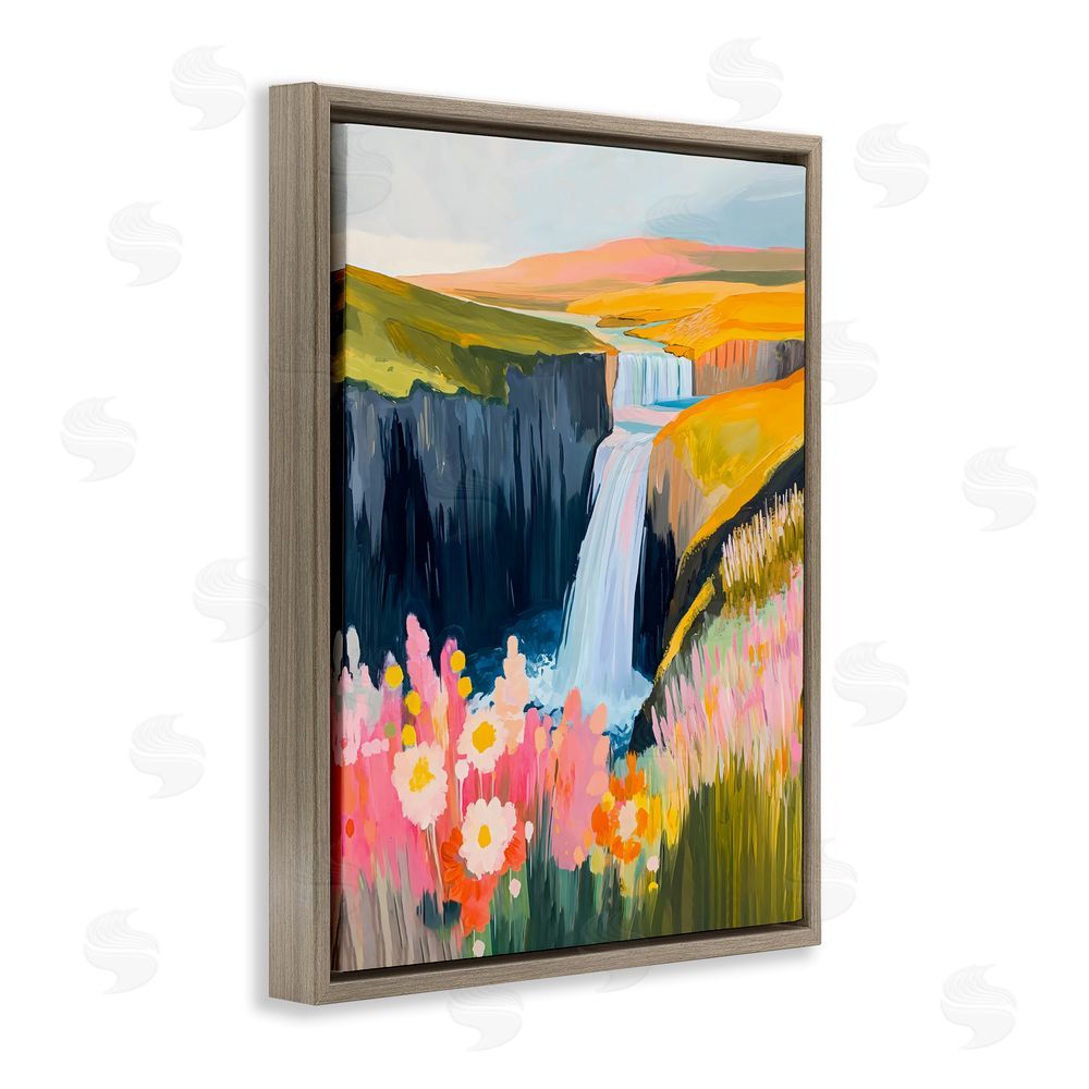The Prints Vibe Colorful Waterfall in Valley Brown Floating Frame Canvas Wall Art Print