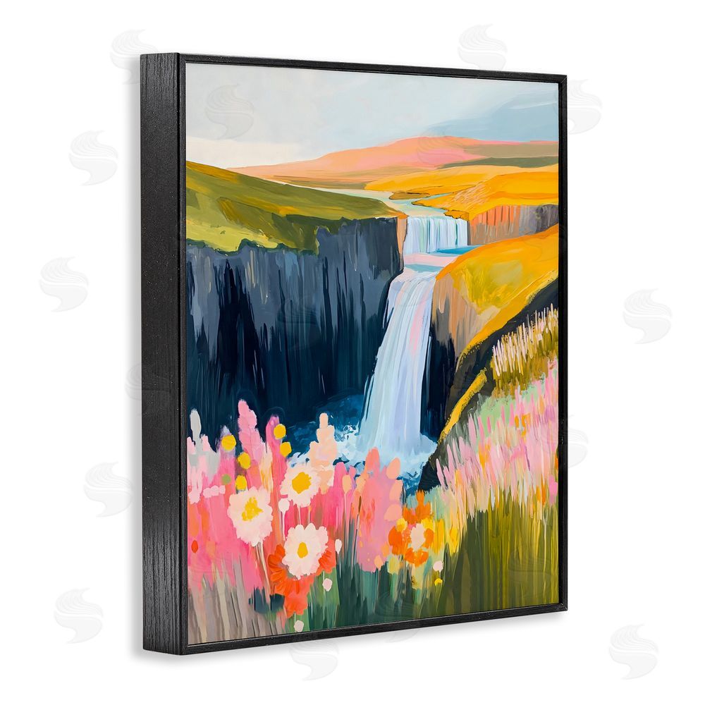 The Prints Vibe Colorful Waterfall in Valley Black Framed Giclee Wall Art Print